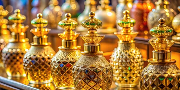 Traditional arabic perfume bottles with gold caps on display in a gift shop , oud, perfume, arabic, traditional, souvenir, gold