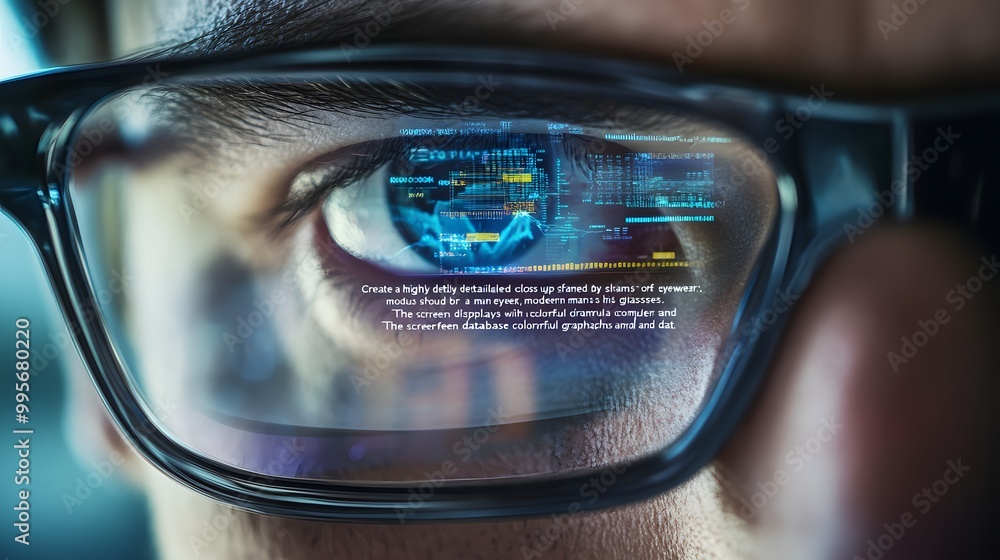 Poster close-up of a man's eye reflecting a computer screen with colorful graphs