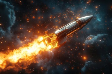 a sleek 3d rocket soaring through a starry space backdrop symbolizing innovation and the growth of startups in a visually striking and inspiring way