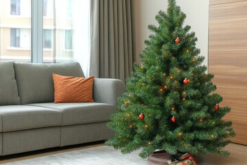 Simple Christmas tree with minimal decorations in a modern living room creating a stylish and understated holiday atmosphere with clean lines and contemporary design