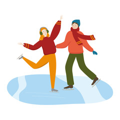 Obraz premium Couple ice skating on ice rink vector illustration. Happy young man and woman figure skating isolated on white background. Winter dating, leisure time activity for Christmas card, seasonal banner