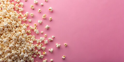 Obraz premium Popcorn scattered on a pink background, Popcorn, pink, snack, movie, cinema, popcorn kernels, buttery, salty, snack food