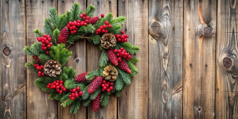 Fototapeta premium Elegant Christmas wreath with red berries and pinecones on rustic wooden door , holiday, decoration