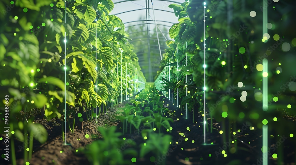 Poster futuristic greenhouse with plants thriving under a digital network of lights sensors depicts the con