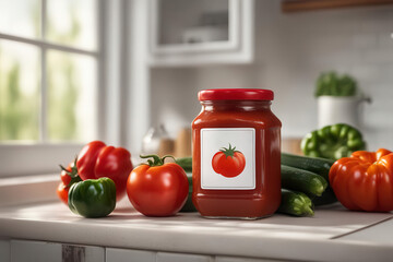 A jar of tomato sauce is on a counter with several vegetables