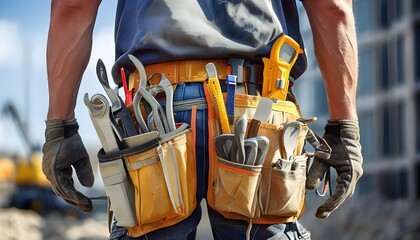 Close-up of a construction worker with a bag and tools kit worn on the waist. A maintenance worker with tools in a tools belt and artisan equipment.