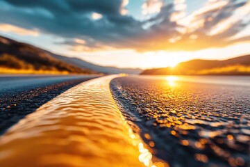 Sunset Over Endless Highway Stretching Into Distance