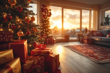 Fototapeta premium Sunlit living room with a decorated Christmas tree and wrapped presents creating a cozy and festive holiday atmosphere filled with warmth and family celebration