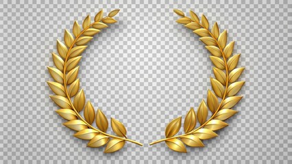 Golden laurel wreath forming a circle on transparent background, a symbol of victory and achievement
