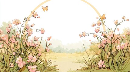 Delicate Pink Flowers and Butterflies in a Field