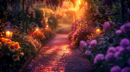 Naklejka premium A Magical Garden Path with Soft Lighting and Colorful Flowers at Sunset