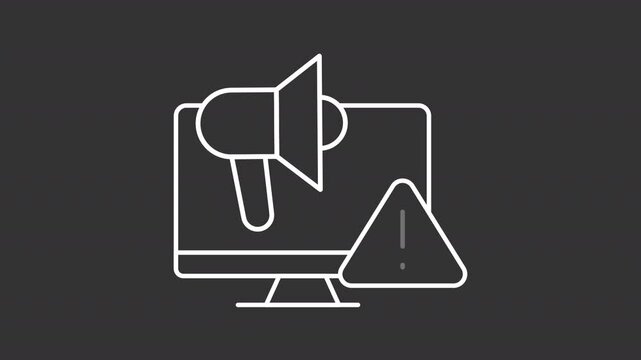Adware white line animation. Ads malware animated icon. Megaphone speaking. Blinking caution sign. Internet privacy. Isolated illustration on dark background. Transition alpha video. Motion graphic