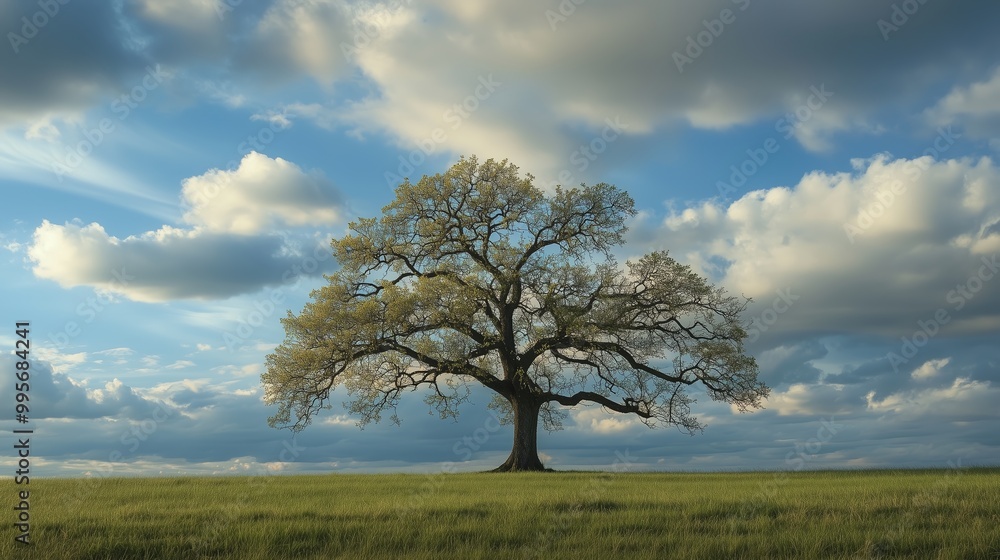Poster majestic solitary tree under a vast sky with fluffy clouds in an open field during a serene afternoo