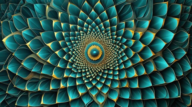Fototapeta Abstract fractal pattern with teal and gold geometric spiral design in digital artwork