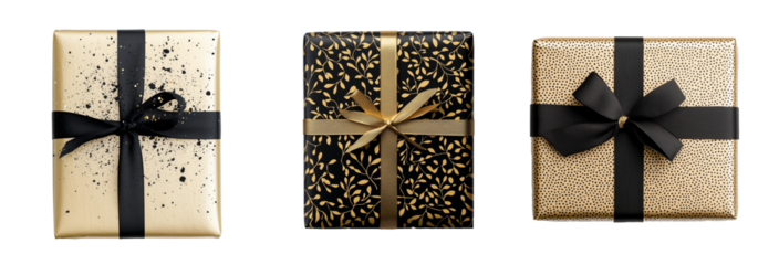 Elevate your Black Friday promotions with this stunning set of 3 golden and black gift boxes. Perfectly wrapped and designed, these eye-catching PNG images embody luxury, 