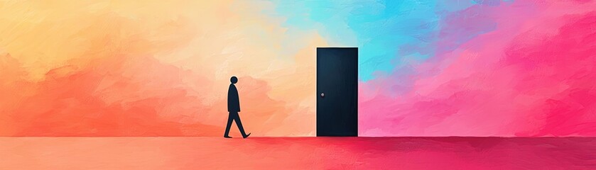 A person walking towards a mysterious door in a colorful abstract landscape.