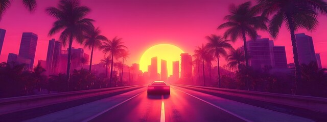 A synthwave background with palm trees and the sun setting behind an urban skyline, featuring retro-futuristic elements like vintage cars and neon lights