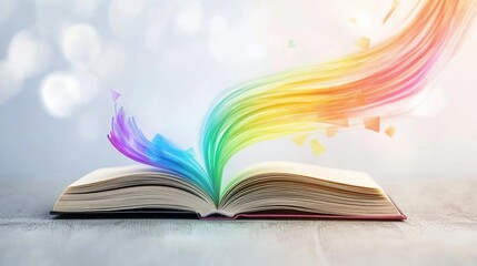 An open book with colorful stream of light, symbolizing creativity and knowledge.