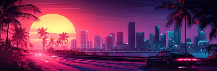 Fototapeta premium A synthwave background with palm trees and the sun setting behind an urban skyline, featuring retro-futuristic elements like vintage cars and neon lights