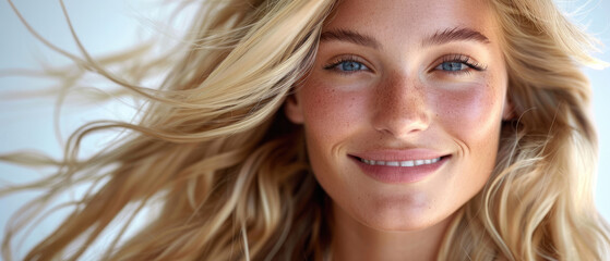Fototapeta premium smiling expression face of beautiful blonde caucasian beauty woman model with long golden flowing hair in hair care product advertising style isolated white background