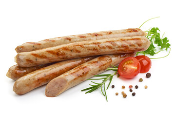Grilled pork sausages, cooked sausages bbq, isolated on white background.