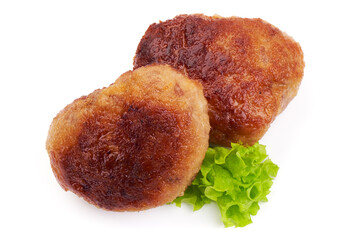 Roasted meatballs in breadcrumbs with lettuce, close-up, isolated on a white background.