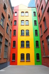 Naklejka premium Colorful building facade with vibrant red, yellow, and green stripes against urban backdrop.