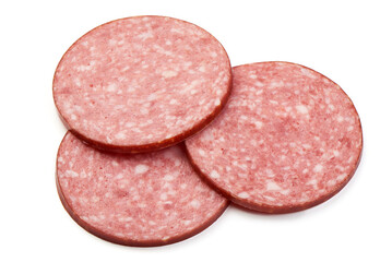 Traditional salami smoked sausage, isolated on white background. High resolution image.