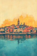 Obraz premium Dundee, color pen pencil hand-drawn effect drawing illustration for travel poster, card, wallpaper, backdrop or banner. Modern, clear, artistic and simple