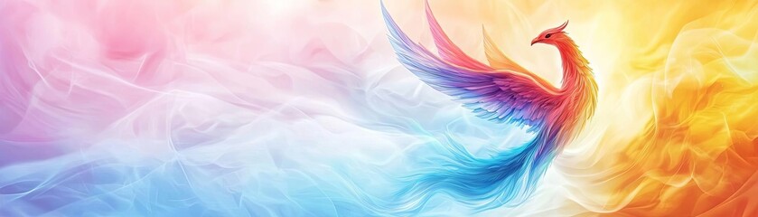 Obraz premium Colorful phoenix flying through vibrant flames and smoke on a dynamic background.