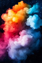 Colorful smoke clouds on a dark background, abstract and vibrant visual effect.