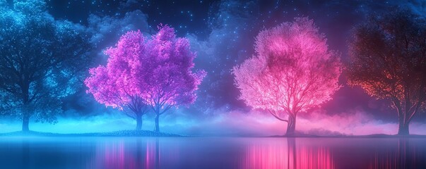 Colorful trees by a serene water body under a mystical glowing sky.