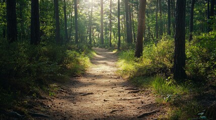 Nature trail and hiking path in forest. Forest scene with hiking path, straight trail through forest