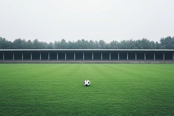 A quiet and empty soccer field , with a lone ball resting in the center and an empty, quiet stadium in the background