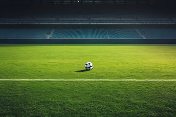 A quiet and empty soccer field , with a lone ball resting in the center and an empty, quiet stadium in the background