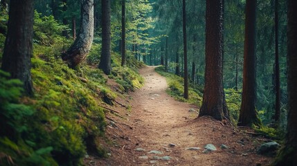 Fototapeta premium Nature trail and hiking path in forest. Forest scene with hiking path, straight trail through forest