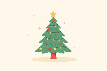 Obraz premium Simple cartoon illustration of a Christmas tree with red baubles and a star on top set against a cream colored background capturing the playful charm of the holiday season