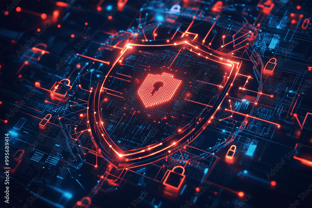 Poster a shield surrounded by locks, digital codes, and warning symbols representing data protection and on
