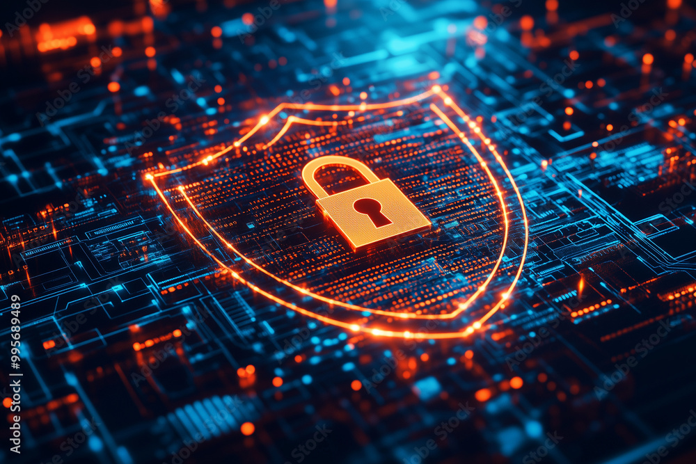Poster a shield with locks, digital codes, and warning symbols representing data protection and online secu