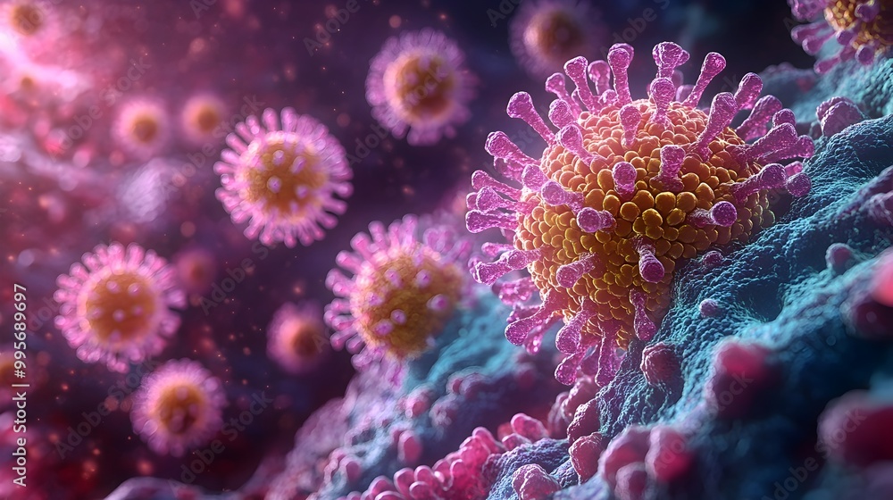 Poster microscopic visualization of virus infecting and replicating within a cell