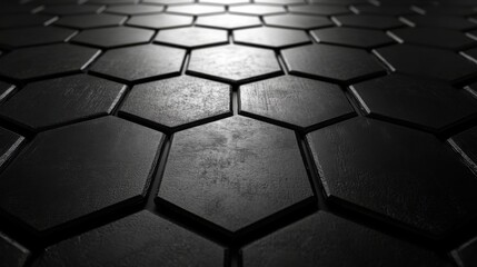 Geometric black hexagonal tiles pattern with shiny surface in low light