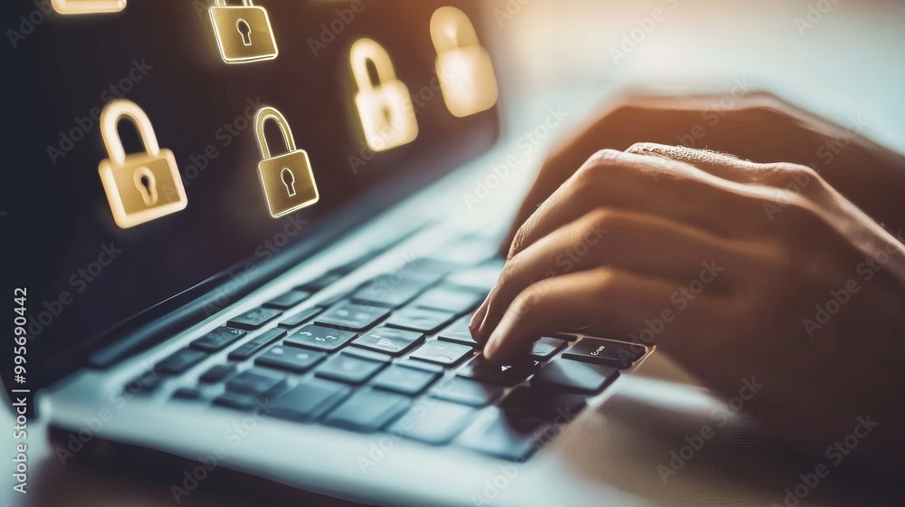 Poster cybersecurity professional activating digital security protocols, digital data protection concept