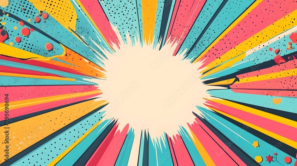 Poster retro comic-style explosion design with colorful rays and a dynamic pop-art background