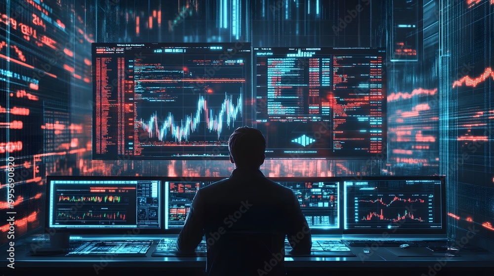 Poster silhouetted figure analyzing financial data on multiple monitors