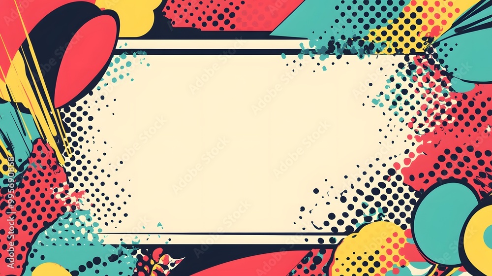 Poster vibrant abstract comic style banner with bold pop art patterns and large blank space for text in the
