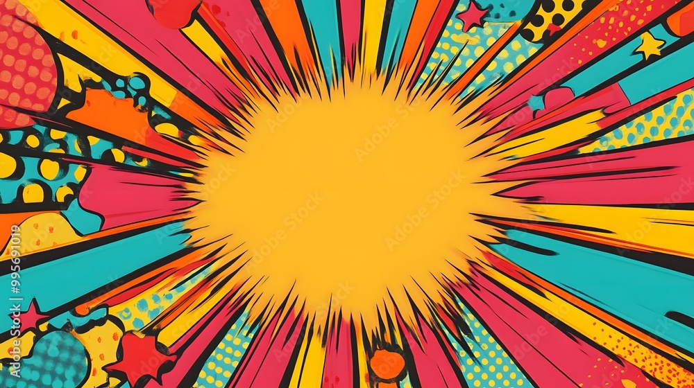 Poster dynamic comic book style explosion banner with bold rays of color bursting outwards from a central b