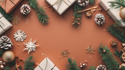 Christmas Decorations with Pine Cones and Gifts on Brown Background