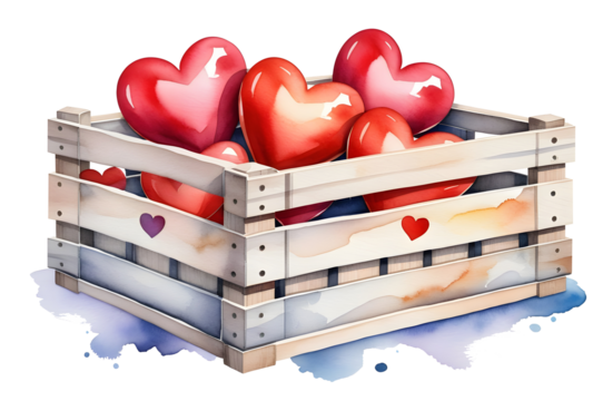 Charming watercolor illustration of a wooden crate filled with hearts, isolated on a transparent or white background.