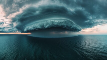 Fototapeta premium A dramatic cloud formation looms over the ocean, showcasing swirling patterns and moody colors, creating a captivating seascape.