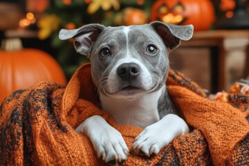 a whimsical dog dons a cute ghost halloween costume radiating charm and humor against a festive backdrop perfect for capturing the spirit of the holiday